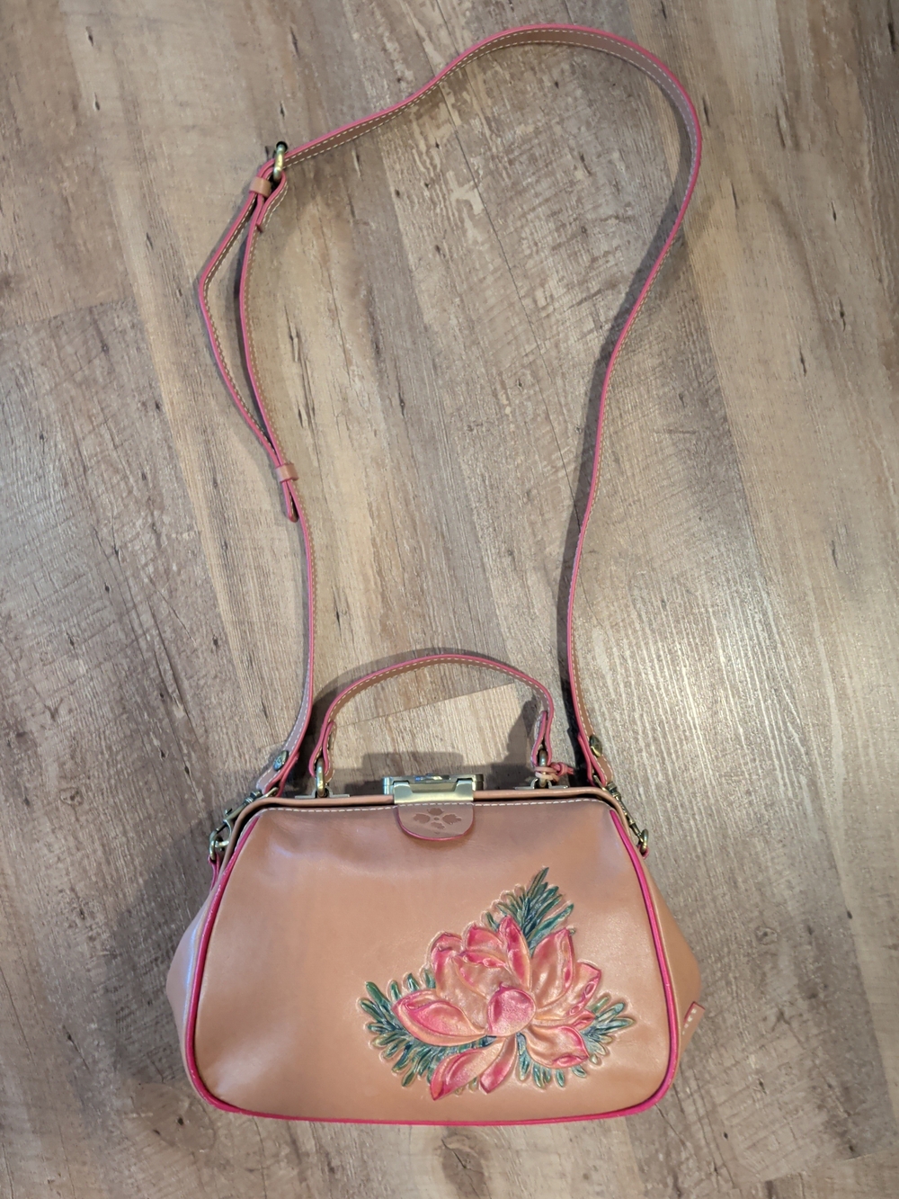 Patricia Nash Tan Leather Crossbody with Pink Trim and Floral Detail